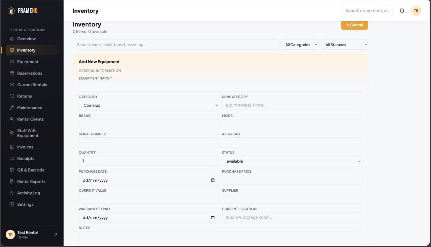 Frame HQ operations management interface